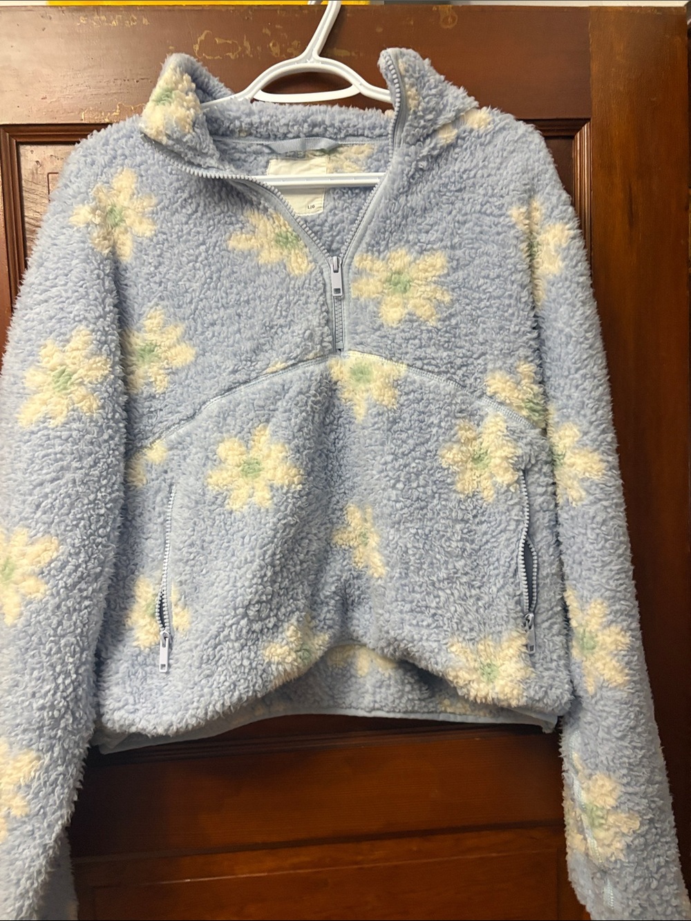 Bluenotes Light Blue Sherpa Half-Zip Sweater with Cream Floral Accents
